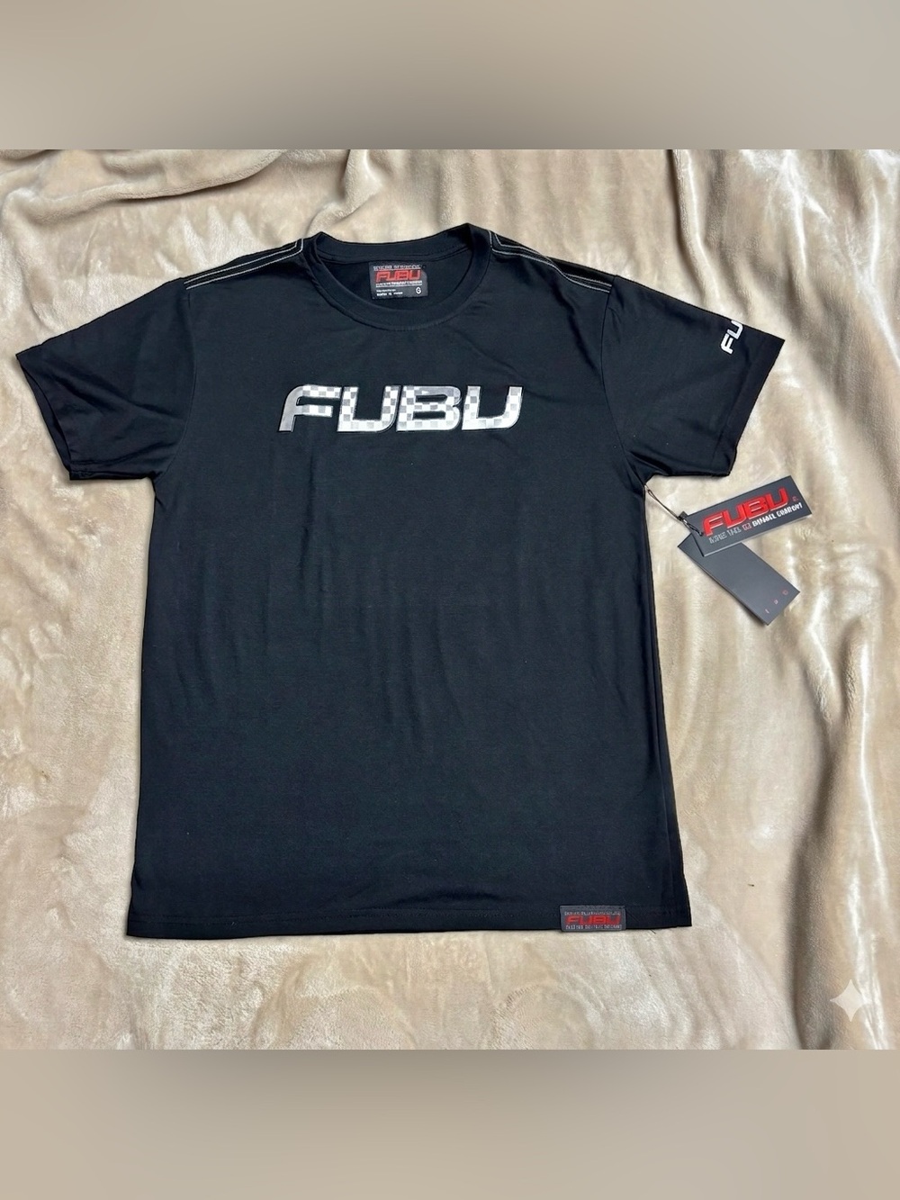 NWT FUBU Mens Graphic T-Shirt Black Size S Grid Logo Short Sleeve MSRP $78